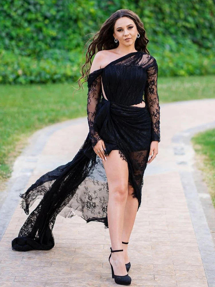 Maxi Cocktail Party Gowns Sexy Black Lace Illusion Asymmetrical Long Evening Dress See Through Full Sleeves Cut Out