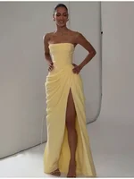 Solid Sexy Pleated Strapless Dress Women Chic Off-shoulder Backless High Waist Split Maxi Dresses 2026 New Evening Party Gown