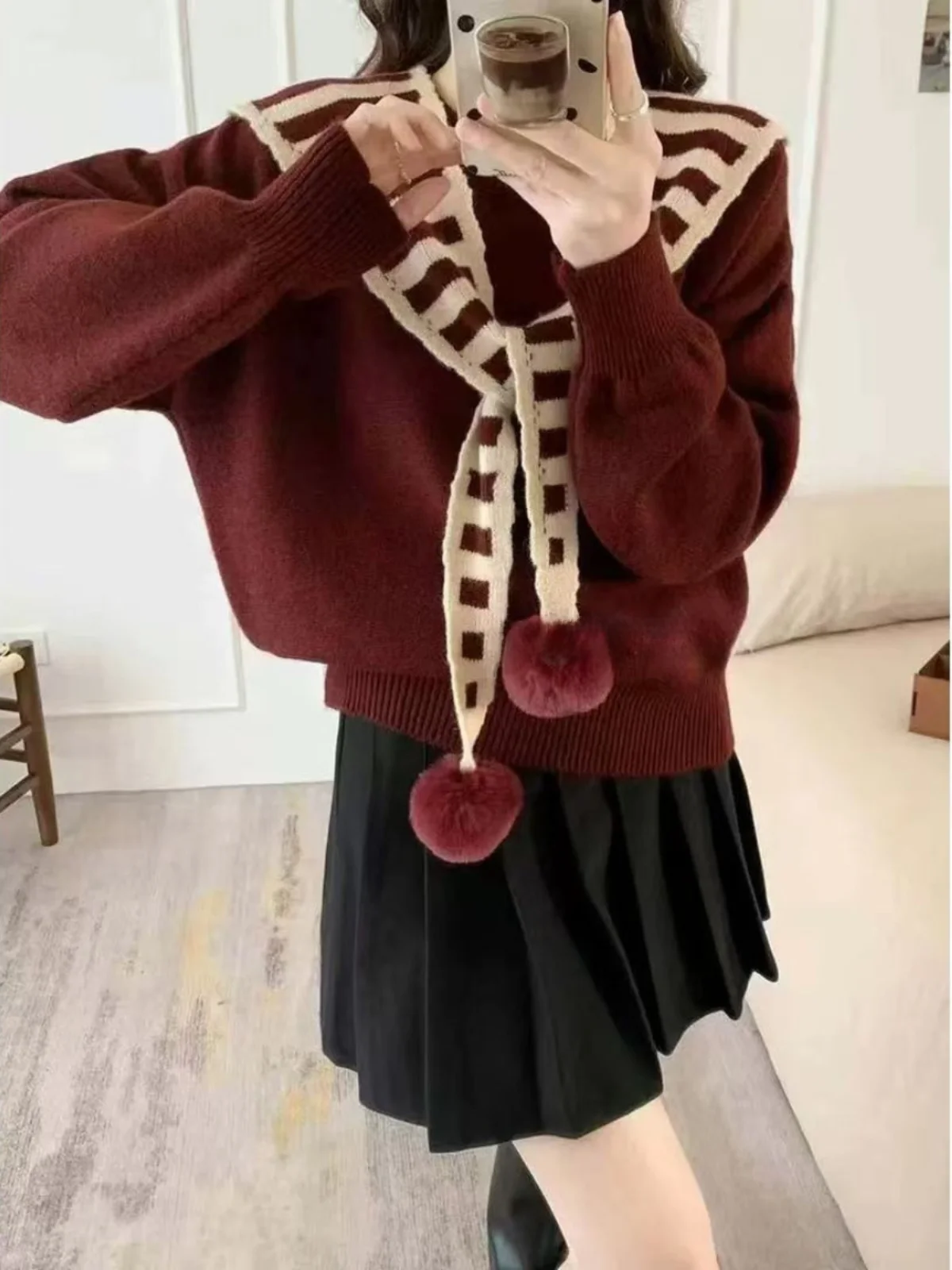 

Korean College Sle Striped oulder Wrap round Ne Sweater Autumn Winter New Arrival Loose Fit Long Sve Thiened Knitt...