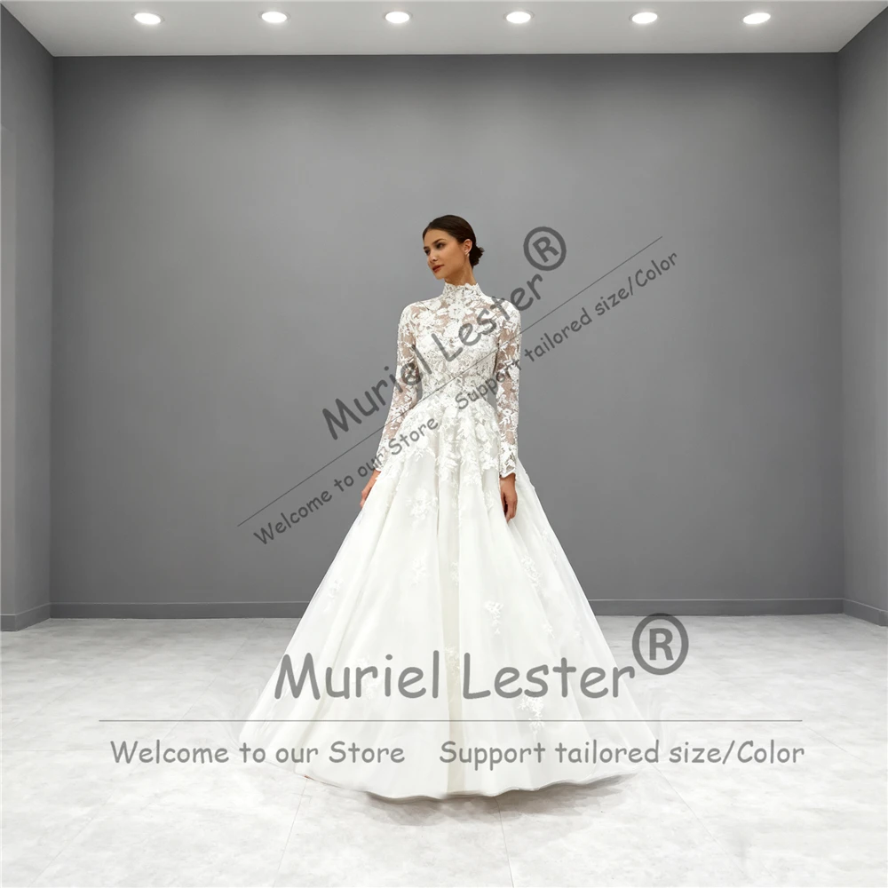 

Elegant Appliques Lace Wedding Dresses For Bride Attire High Neck Long Sleeves Bridal Gowns Customized A Line Robe De Mariee