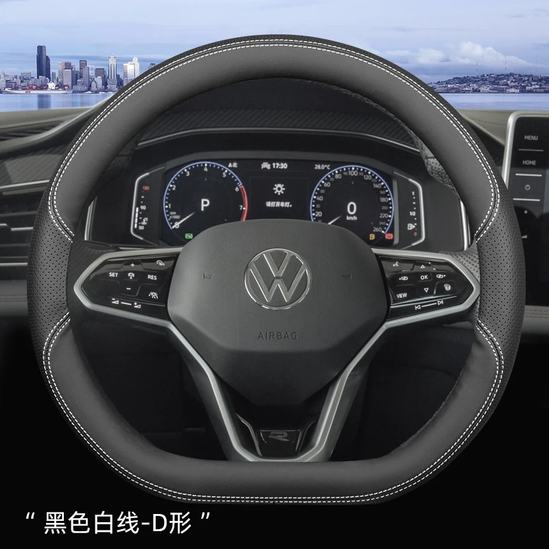 Steering Wheel Cover for Volkswagen Viloran Teramont Tiguan Bora Tharu Car Accessories Genuine Leather Non-slip Sweatproof Black