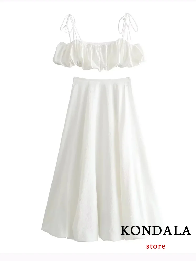 KONDALA Sexy White Beach Style Women Sets Cropped Tops Women+High Waist Ruffles Long Skirts Fashion 2024 Summer Holiday Sets