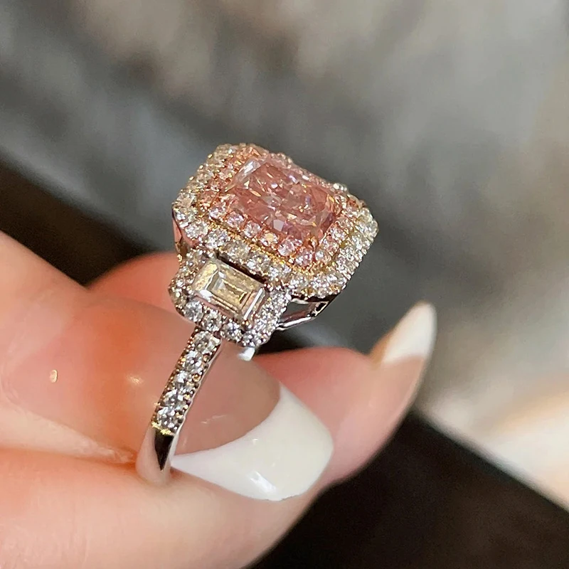 Romantic style luxurious sparkling pink gemstone rings for women silver 925 micro inlay diamonds engagement square ring jewelry