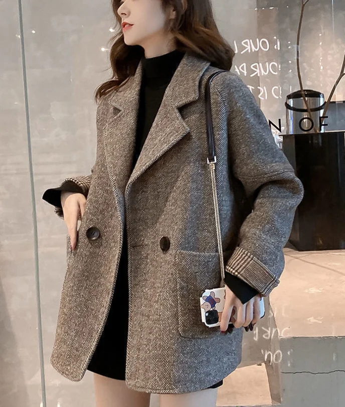 Frauen Herbst Winter 2025, Neue Koreanische Stil Britischen Mode Woolen Jacke Lose Abnehmen Casual Kleinen Anzug Top