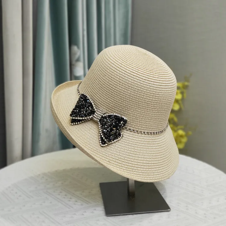 Designer bowler hat Fashion bow rhinestone beach hat UV protection sun visor Sun hat Sun protection