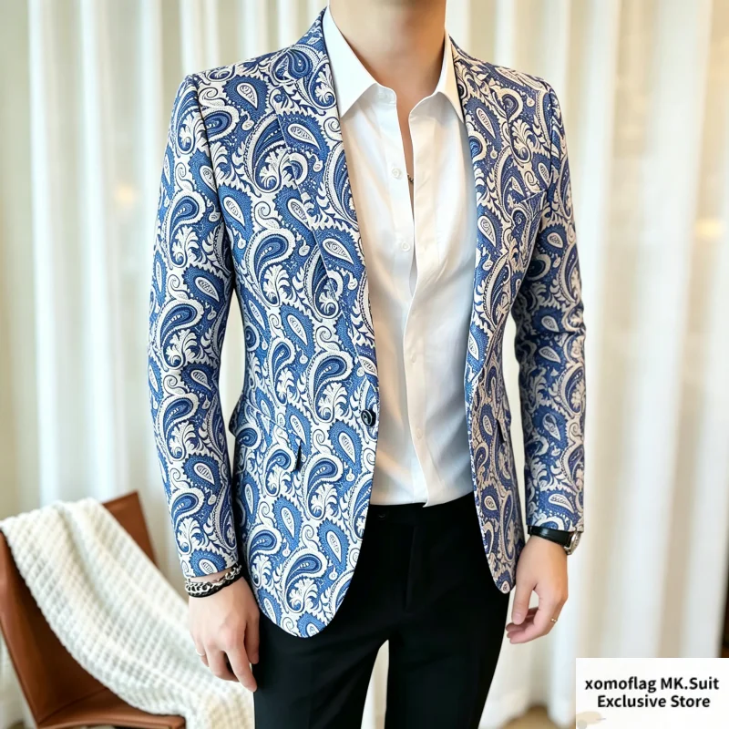 paisley dress shirt with suit Men's Outfit: White Suit, Navy Paisley Dress Shirt, Silver Watch