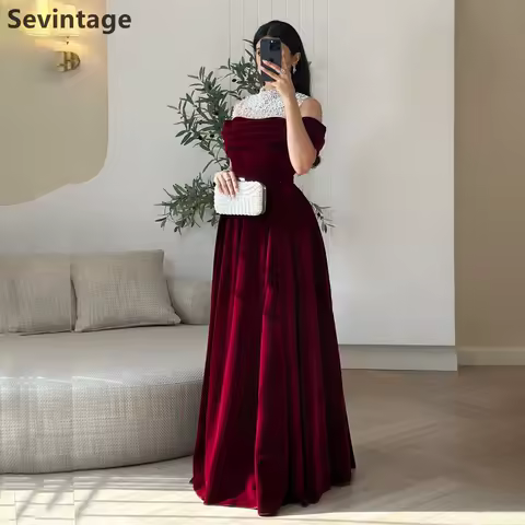 Sevintage 2025 Burgundy Velour A Line Evening Dress Pearls Illusion Neck Prom Gown For Wedding Farmal Party Dress Customized
