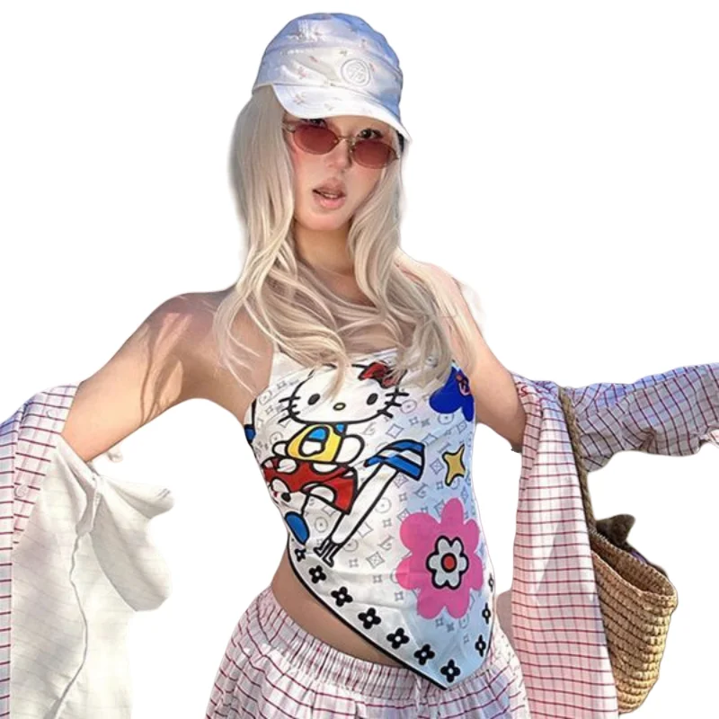 

Cartoon Pattern Hello Kitty Print Scarf Vest Trendy Women's Sexy Summer Irregular Slim Fit Short Sleeveless Top One Size FitsAll