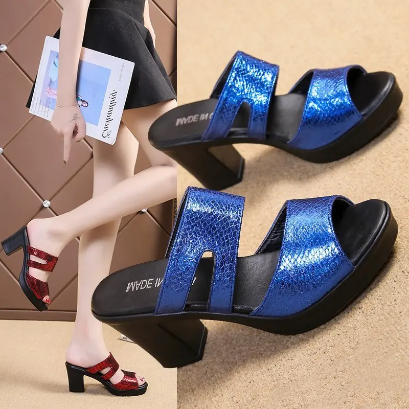 2023 Summer Shoes Thick Heel Fish Mouth Slippers Femme New High Heel Sandals Large Fashion Outwear Women\'s Sandals Casual Slides