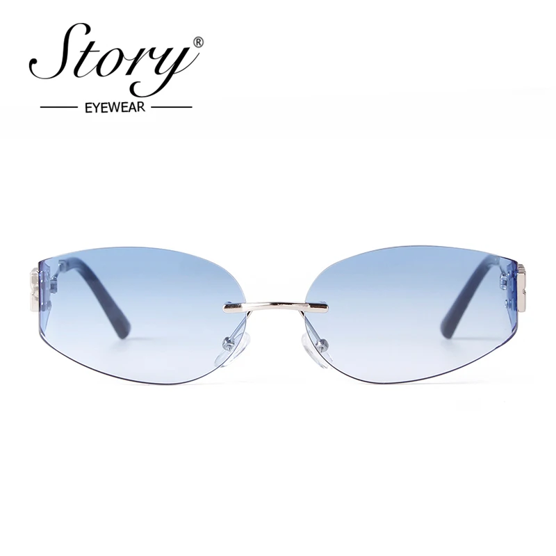 STORY Trend Y2K Frameless Oval Sunglasses Women Men Brand Designer Fashion Silver Frame Gradient Blue Rimless Sun Glasses S8065A