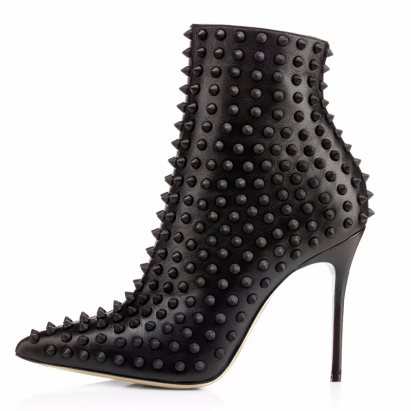 

Sexy Full Spikes Rivet Ankle Boots Pointed Toe Red Black Matter Leather Zipper Thin Heels Studded Party Shoes