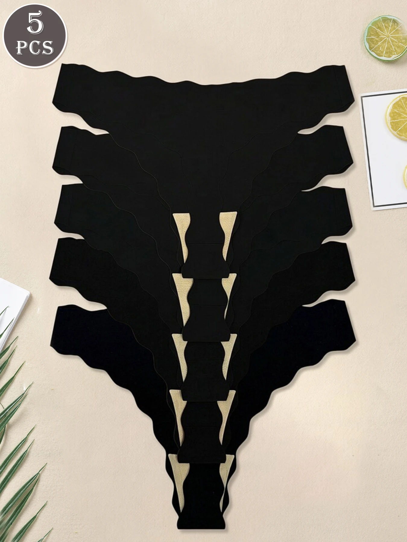5 Pack Women's Seamless Thong, Solid Black Scalloped Edge No Show Comfort Underwear
