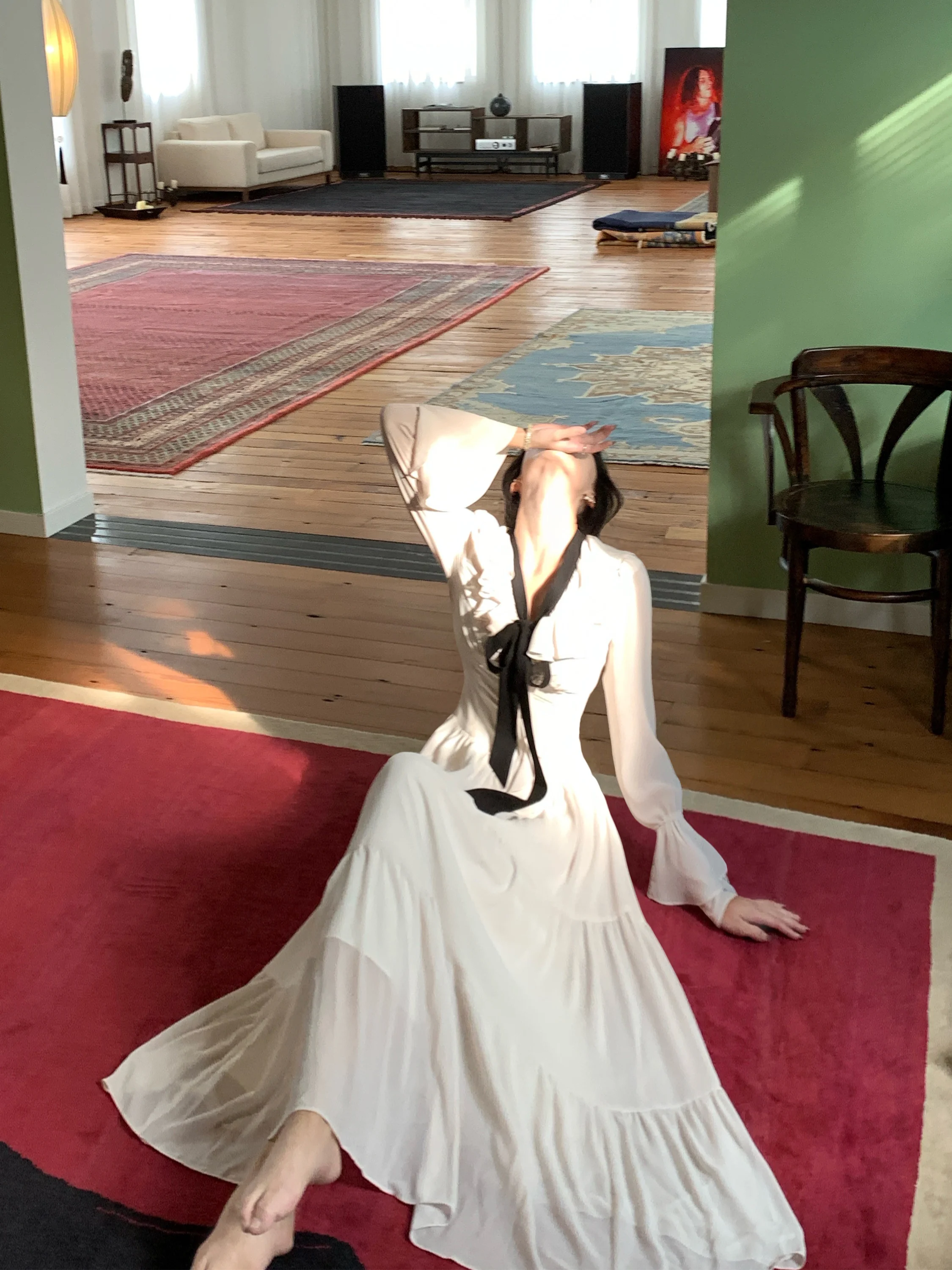 

Ele White Chiffon A-Line Dr with Lace Trim V-Ne Waist-Cinching Long Sve High Waist Spring Summer New Sle for Women