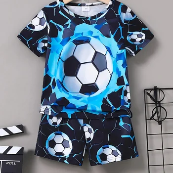 Boys' 2pc Active Soccer-Inspired Outfit - Breathable 3D Tee & Shorts Set for Summer Play