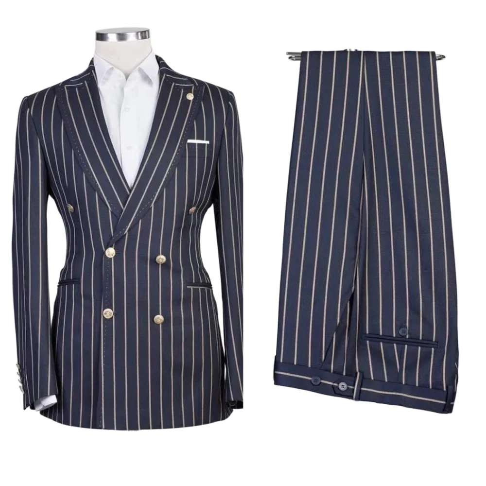 

Новые мужские костюмы с остроконечными лацканами, пиджак в золотую полоску, смокинги для жениха, темно-синий пиджак, двухсекционный камвольный шерстяной пиджак