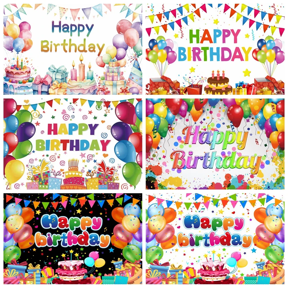 Happy Birthday Backdrop for Girl Boy Colorful Balloons Candle Baby Birthday Party Photography Background Cake Table Decor Banner