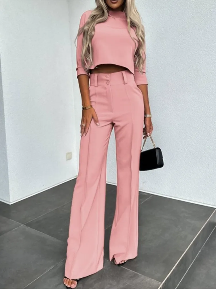 Elegant Office Lady Suits Fashion Solid Two Piece Set For Women Casual Crop Top+ High Waist Pants Women\'s Sets 2024 Sping Autumn