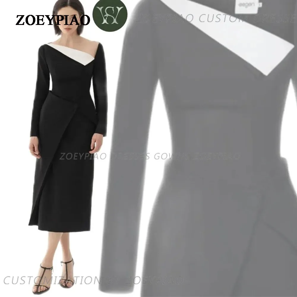 

Formal Casual Black/White Prom Dresses Full Sleeves Stretch Matte Satin Tea Length Evening Dress Robe De Soirée Party Grown 2024