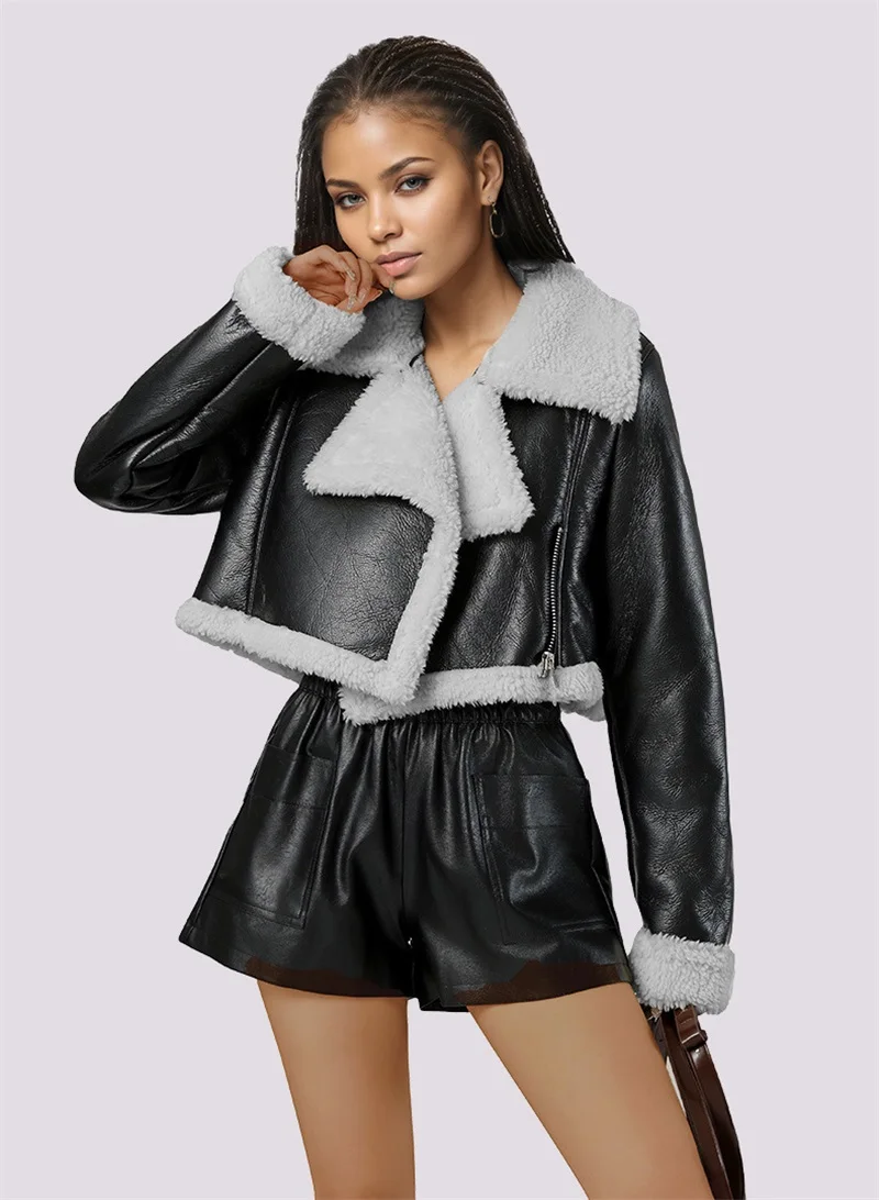 

Women's Faux Leather Cropped Jacket Fleece Lined Warm Coat Winter Biker Style Turn-Down Collar Short Outerwear Casual Streetwear