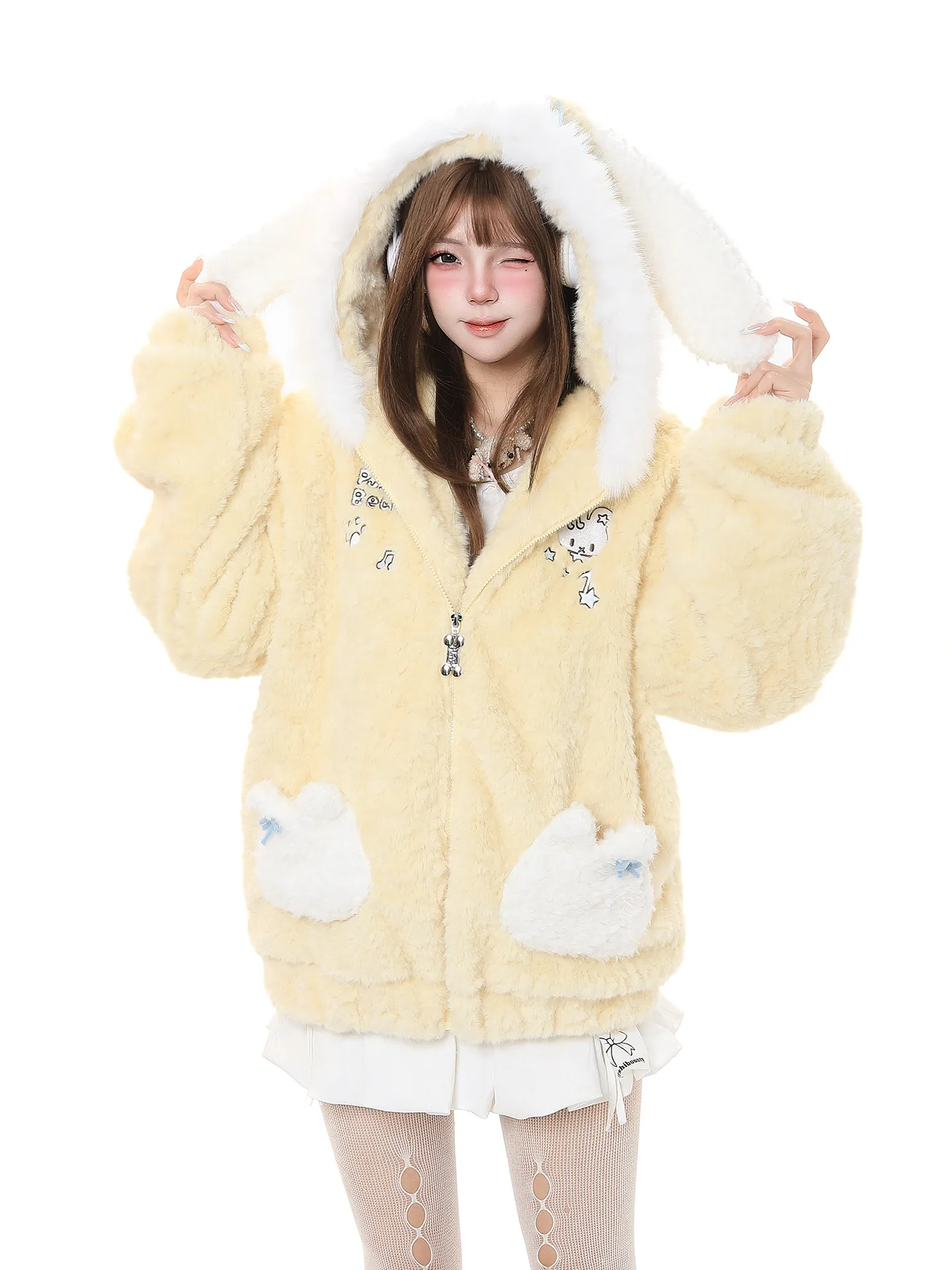 

Cute Thiened Cotton Jaet Women's Winter New Sle Loose Casual Warm Hooded Plu Rabbit Ear Coat Sweet Sle Long Sve