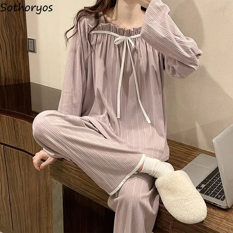 

Pajama Sets Women Cute Bow Autumn Korean Style Baggy Princess Nightwear Basic Girlish Square Collar Design Casual Home Clothing