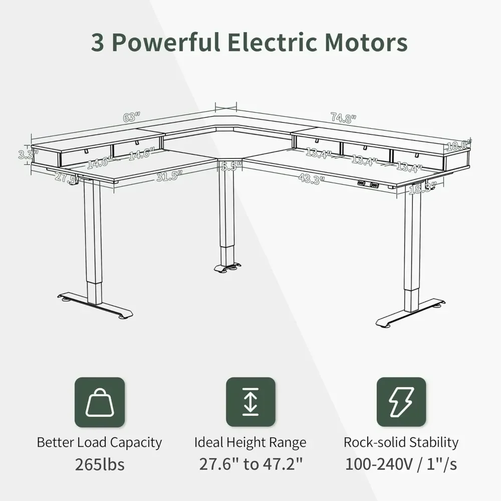 Escritorio de pie en forma de L de 75 "con 5 cajones, escritorio de juegos de pie eléctrico Reversible, altura ajustable, marco blanco/parte superior de nogal claro