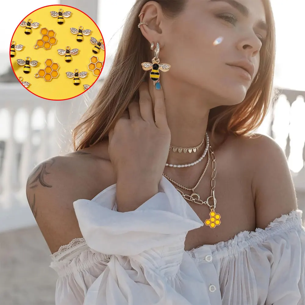 6/17/34pcs Yellow Bee and Honeycomb Shaped Enamel Craft Pendant, Used for DIY Bracelets, Necklaces, Decorative Accessories