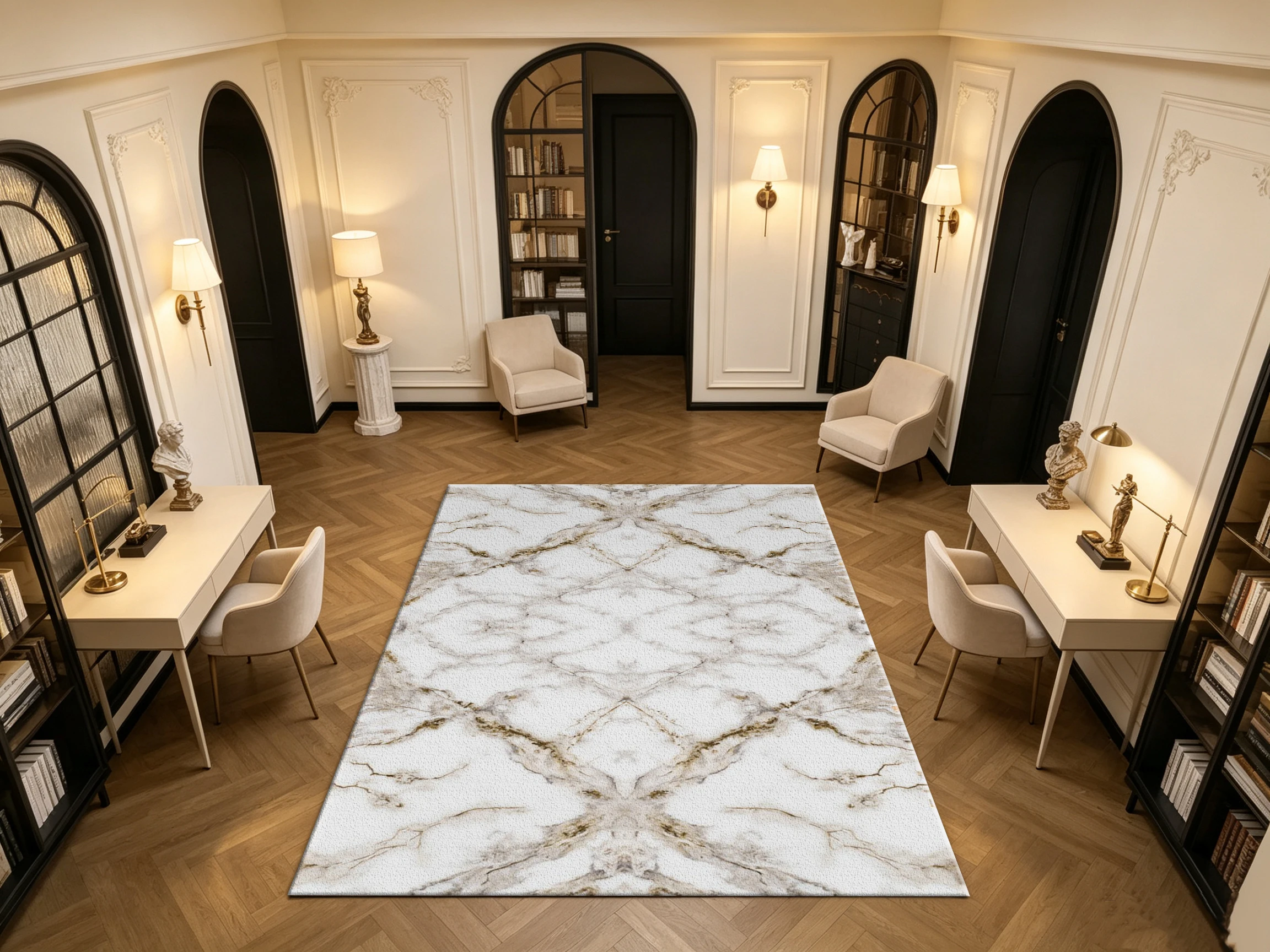 White Marble Gold Vein Symmetrical Carpet Flooring Luxury Household Indoor Decor Floor Rug
