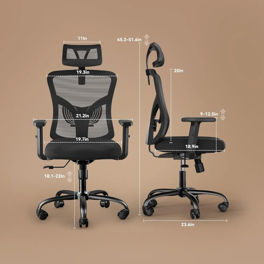 Ergonomic Office Chair, Desk Chair with 2'' Adjustable Lumbar Support, Headrest, 2D Armrest, Office Chair Backrest