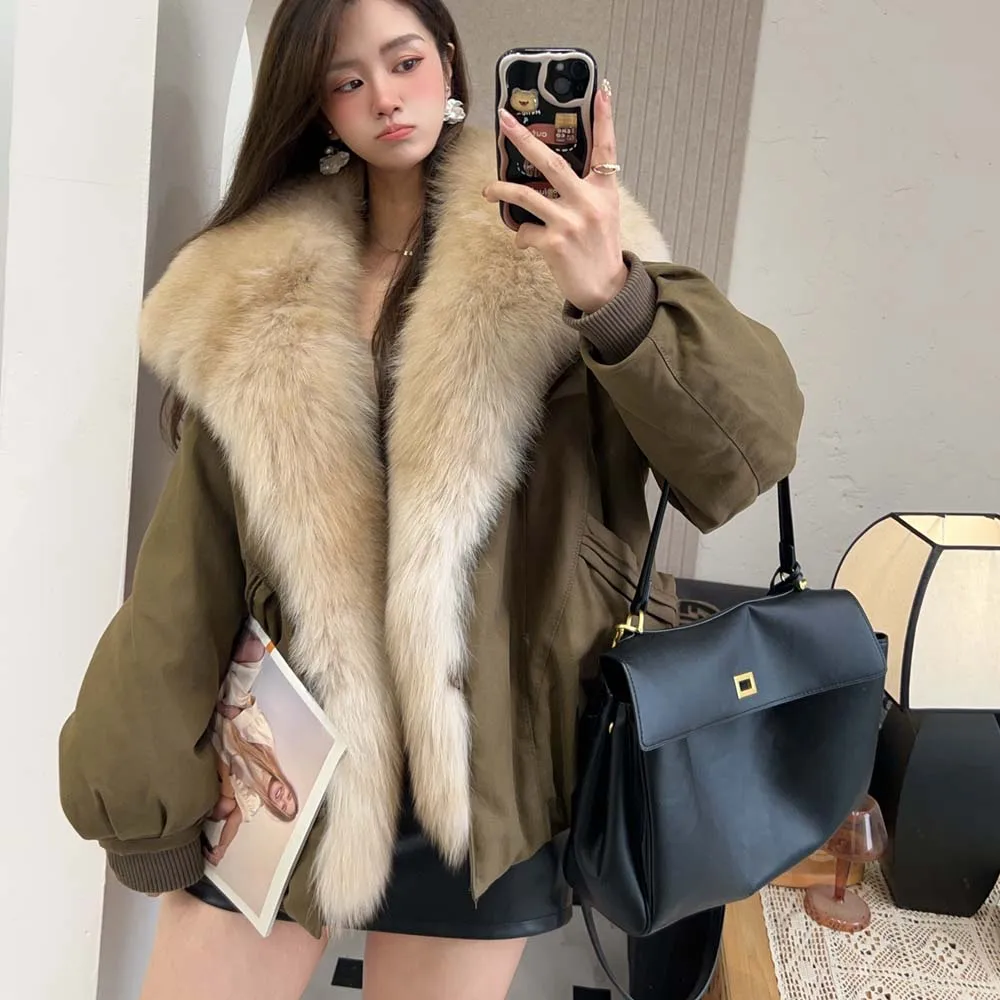 Veste Parka à col en fourrure pour femme, vêtement d'extérieur chaud, luxueux, grand col, à la mode, manteau Parka en fourrure de renard, hiver