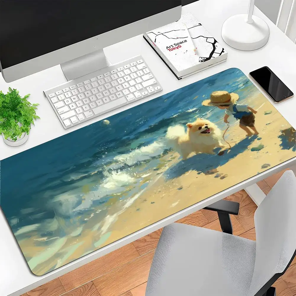 Warm Beach Scene Little Kid Playing With Fluffy White Dog Beside Sea Waves Fit Laptop Office Desktop Mousepad