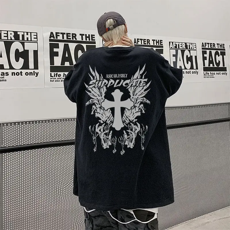 

2025 Retro Cross Print Loose Trendy 100% Cotton Adults Men Cool Comfortable Outdoor Street Versatile Daily Use Soft Breathable