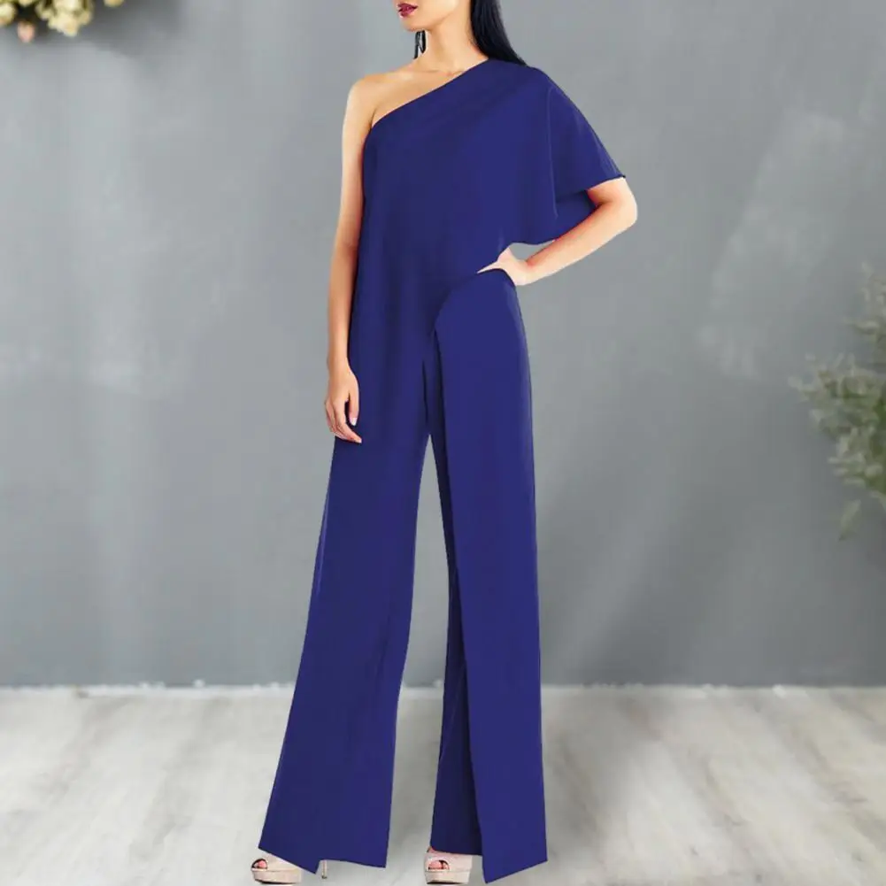 

Women Summer Slant Collar Single Short Sleeve Long Jumpsuit Solid Color High Waist Split Wide Leg Gown Jumpsuit