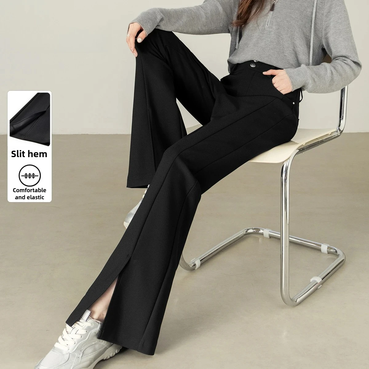 SENTUBILA سراويل نسائية متوهجة لخريف 2025 تصميم سبليت على شكل حرف X مشبك معدني وسحاب بلاكيت سراويل عصرية غير رسمية 153KH2488