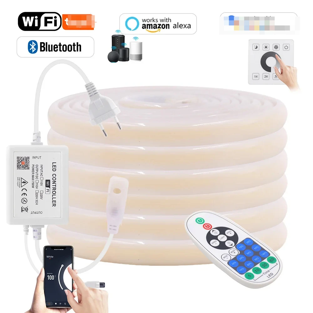 

Wall Touch Wifi Bluetooth COB LED Neon Strip Light 220V Dimmable 23key Remote Control Power Kit AC 220V 288LED/m Waterproof Rope