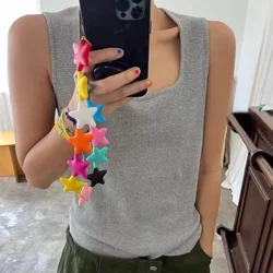 Dopamine Color Five Pointed Star Phone Chain Y2K Wrist Strap Anti-lost Cellphone Lanyard Short Long Hanging Rope Girls Keychains