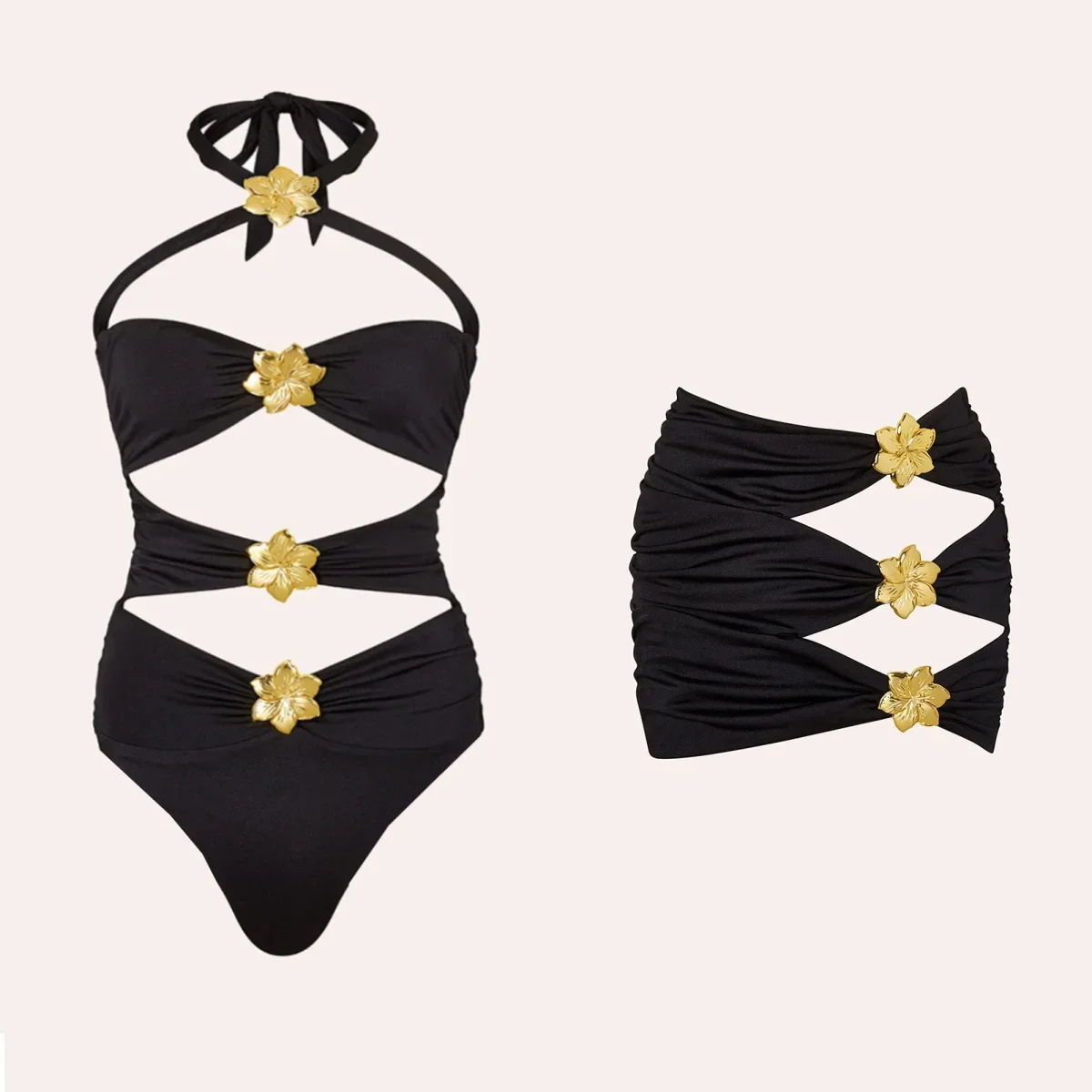 Costume da bagno con diamanti con gonna da spiaggia Costumi da bagno di lusso da donna Costumi da bagno ritagliati Bikini sexy Costume da bagno dimagrante dorato femminile