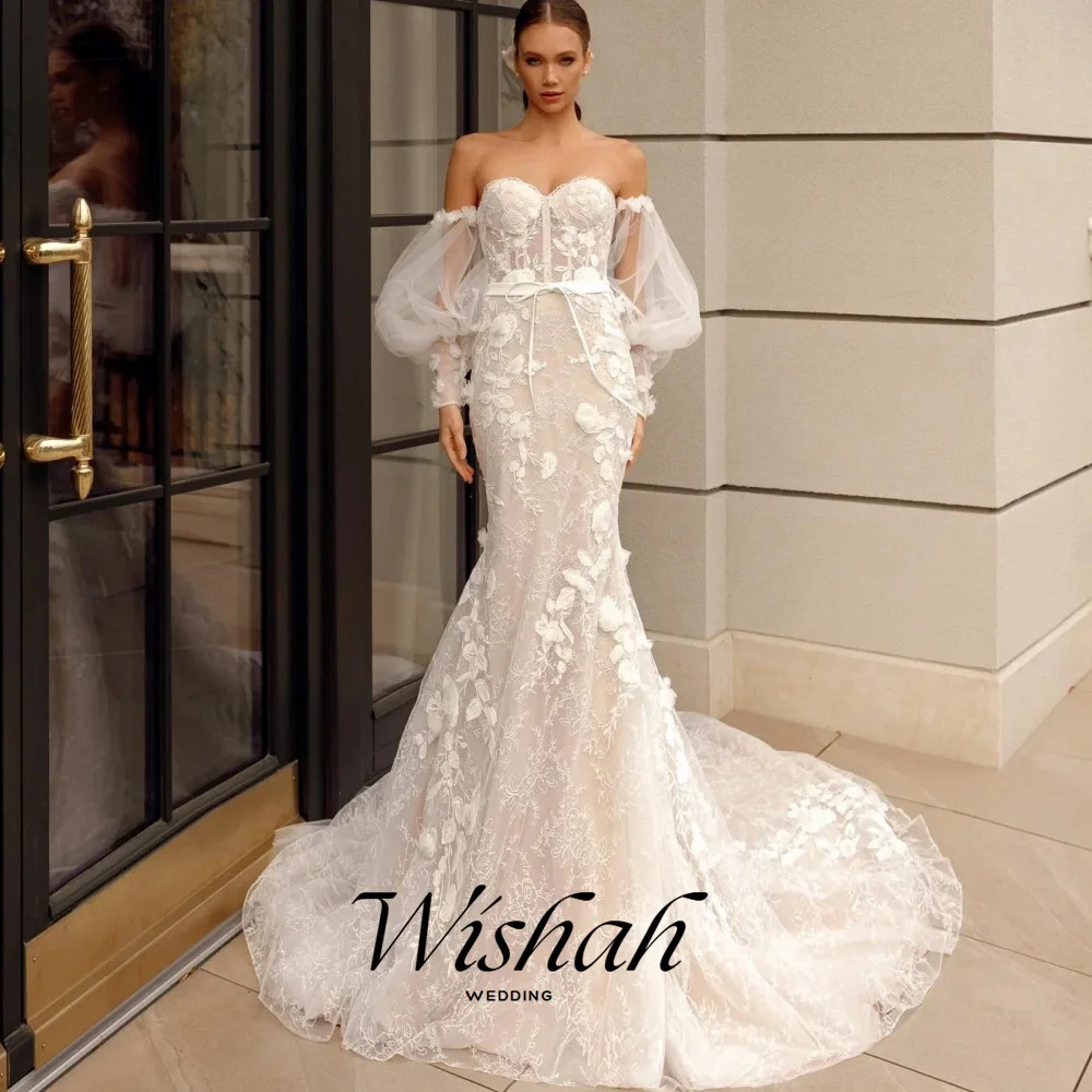 Wishah Customize Elegant Weeding Dress Sweetheart Lace Applique Sashes Bow Lace-up Backless Sheath Mermaid Long Vestido De Novia