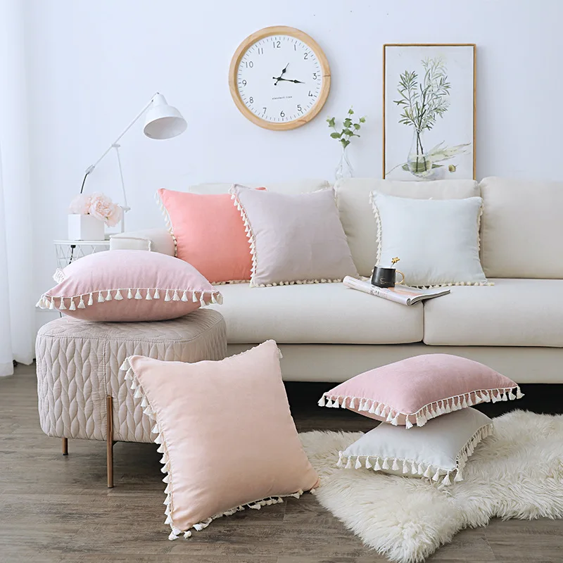 Nordic Ins Tassels Lace Cushion Cover, Monochromatic, Soft Plush, Pink Pillowcase, Sofa Throw Pillow Cover, Home Decor, 45x45cm