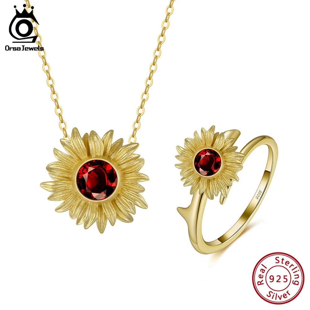 

ORSA JEWELS Authentic 925 Sterling Silver Natural Garnet Sunflower Ring Neacelet Set 14K Gold Plated Woman Jewelry Gift SSGM12