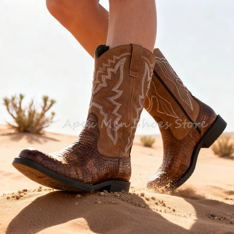 

Men's Brown Crocodile Pattern Cowboy Boots Western Embroidered Zipper Mid Calf Boots Autumn Casual Desert Boots Outdoors