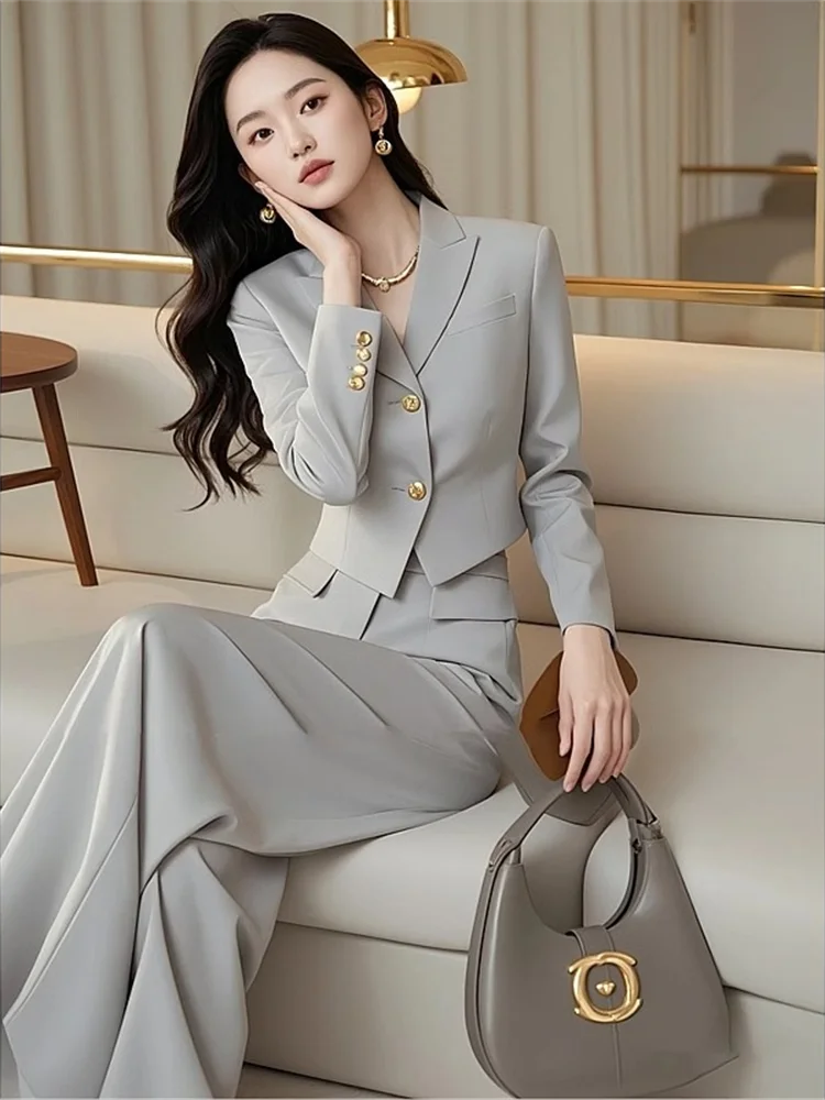 Spring and Autumn Retro High End Style Elegant Fashionable High End Suits Jackets Thin and Wide Leg Pants Set