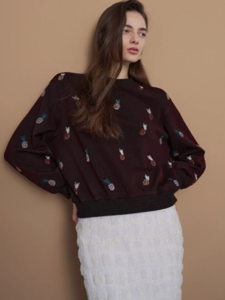 

Повседневный корейский вязаный топ с длинными рукавами и круглым вырезом, с вышивкой в виде сосны, универсальный, свободного кроя, хлопковый женский свитер