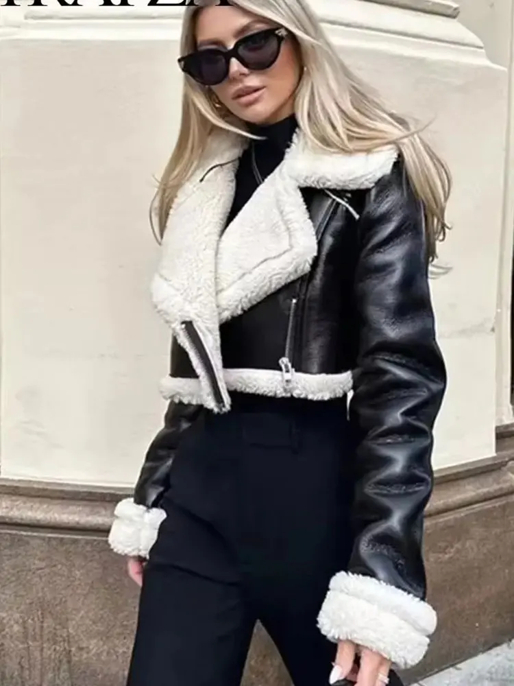 HH Dámská umělá kůže zahušťuje krátká bunda Vintage přední zip s klopou s dlouhým rukávem Zimní dámská teplá ležérní svrchní oblečení - náhled 5