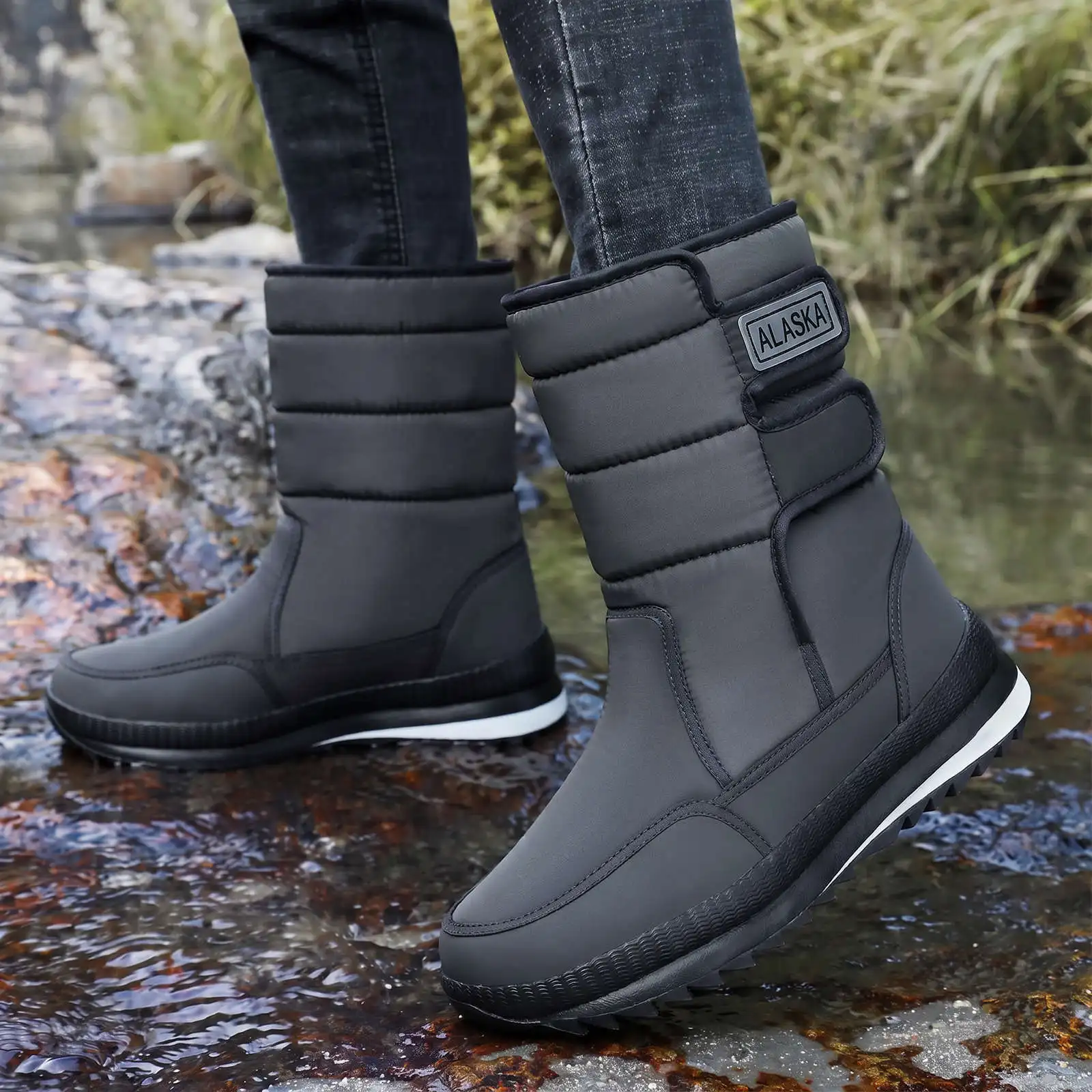 Damen-Winterstiefel, dick gefüttert mit Fleece, wasserdicht, mit Klettverschluss, mittelhohe Stiefel, rutschfest, warmes Outdoor-Schuhwerk für kaltes Wetter. – Detail 4