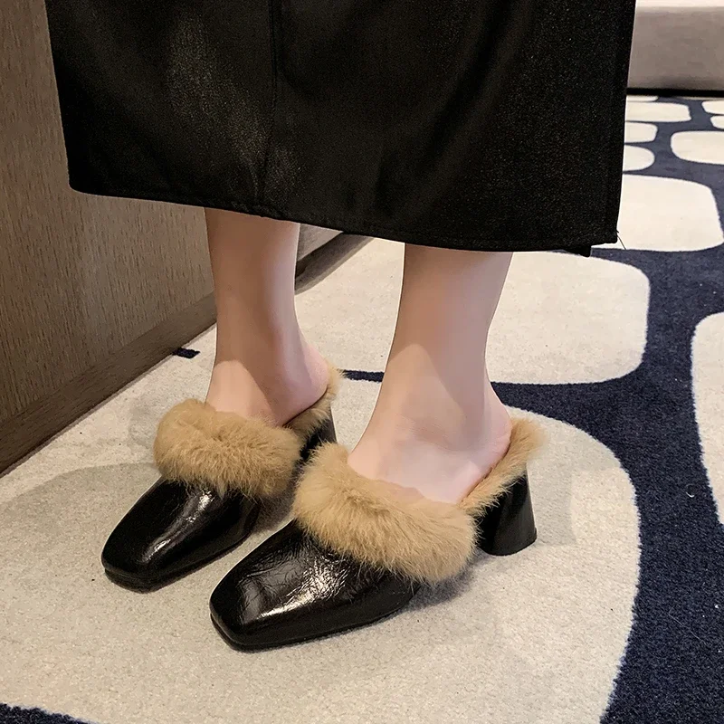 Winter Outside High Heel Modern Slippers Square Heel Pull on 2024 High Quality Shoes Female Solid Shallow Novelty Slippers