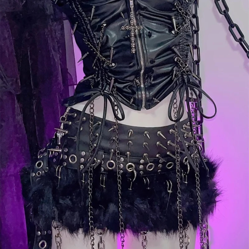 Punk Fashion Diablo Y2K Hot Girls Ladies Mini Skirt Original Design Goth Sweet Cool Chain Pin Hairy Faux Fur Short Skirts Ladies