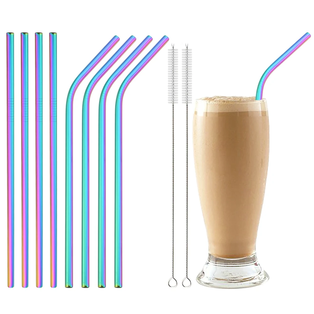 Reusable Metal Straws Set with Cleaner Brush 304 Stainless Steel Drinking Straws Milk Juice Coffee Drinkware Bar Party Accessory