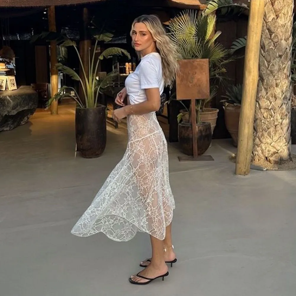 Solid Color Lace Beach Dress See-Through Design Elastic Waist Midi Skirts Low Waist Sheer Mesh Skirts Women Summer Beachwear