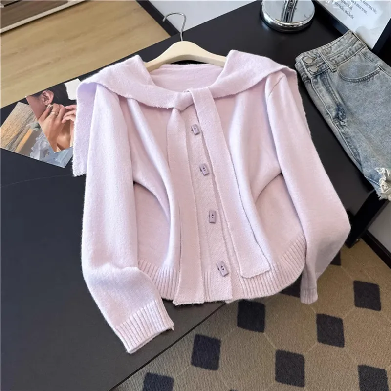 

Фиолетовый, синий, желтый женский короткий вязаный кардиган, свитер, куртка, модный однобортный женский трикотаж с матросским воротником и длинными рукавами